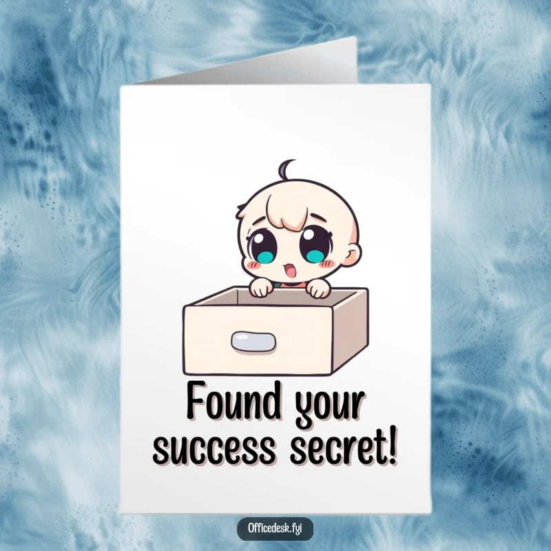 Funny Free Printable congratulations card: a character with eyes wide with excitement opening a secret compartment found within a desk drawer.