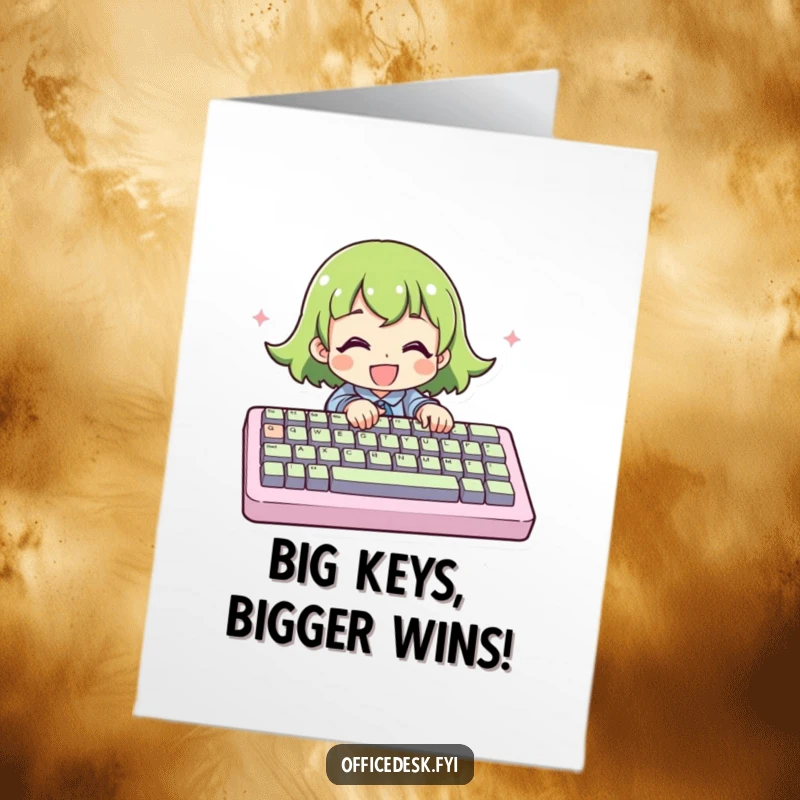 Funny Free Printable Congrats Card showing a character mashing keys on an enormous keyboard with great enthusiasm.