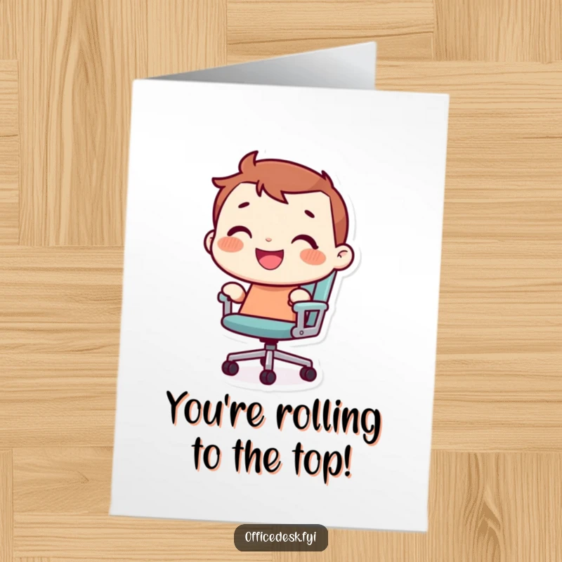 Funny Free Printable Congratulations Card: Tiny character grins joyfully while riding a rolling office chair, celebrating a win.