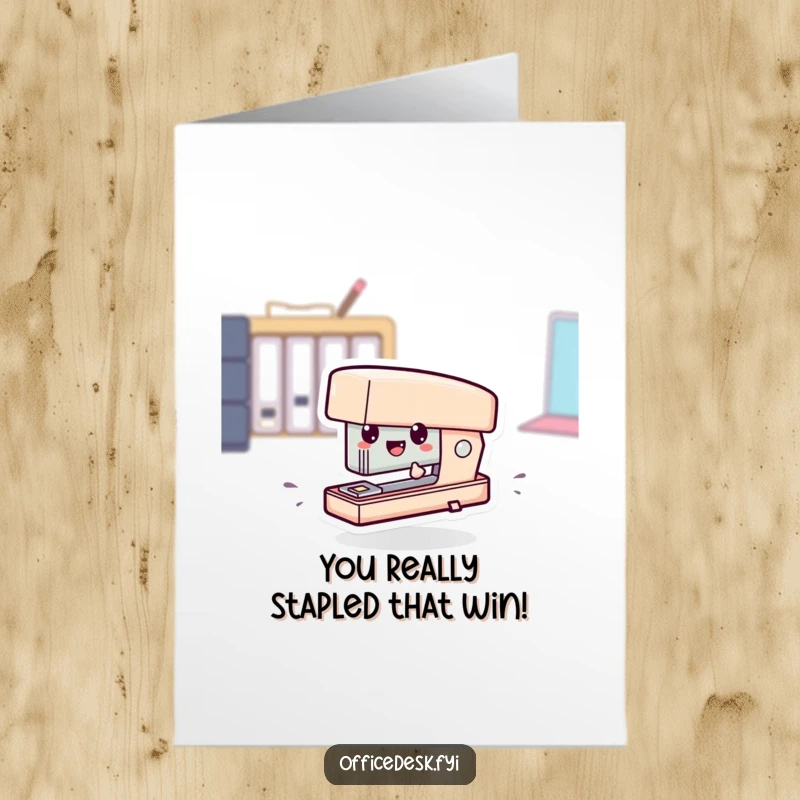 Funny free printable congratulations card featuring a tiny stapler character zipping across a desk, conveying excitement.