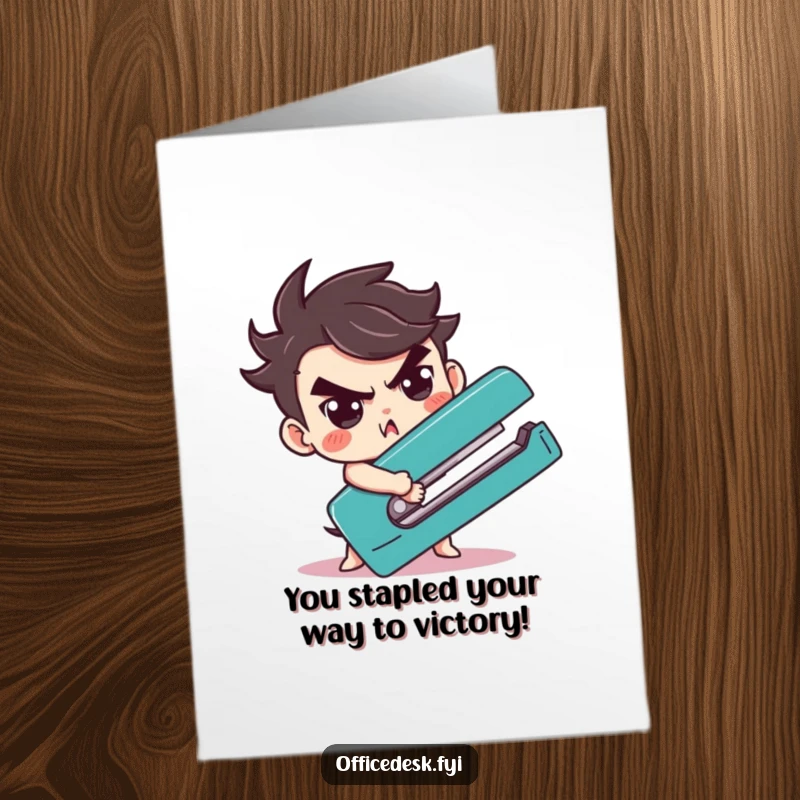 Funny Free Printable Congratulations Card: Cute character determinedly wrestles a giant stapler, celebrating a hard-won victory.