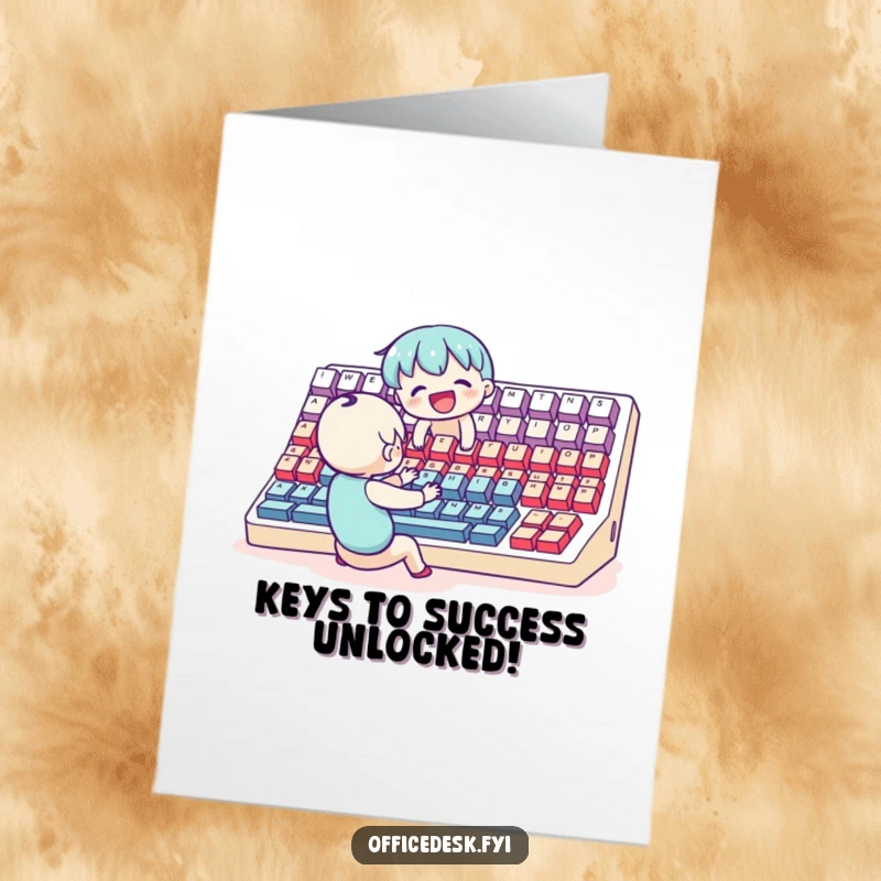 Funny Free Printable congratulations card: a small character typing with immense joy on a computer keyboard that is comically huge.