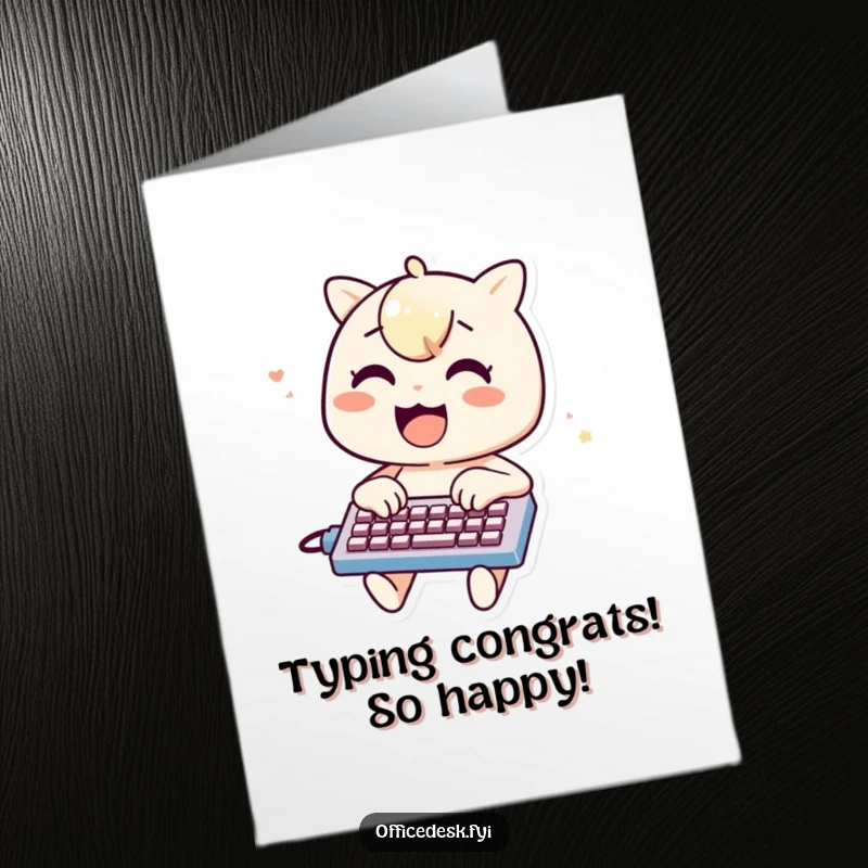Funny Free Printable Congratulations Card: Enthusiastic character typing on a miniature keyboard, celebrating achievement with zest.