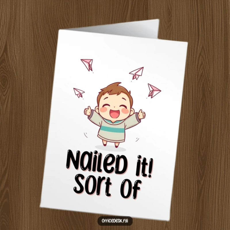 Funny Free Printable Congratulations Card: A happy character eagerly making paper airplanes that are soaring in unpredictable, funny directions.