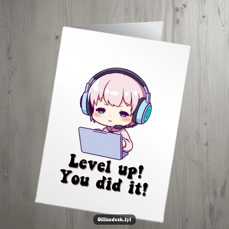 Funny Free Printable Congratulations Card: Character in oversized headset intently focused on a screen, celebrating a hard-earned win.