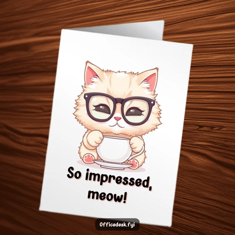 Funny Free Printable Congratulations Card: Cat with glasses polishing teacup, celebrating achievements, downloadable art.