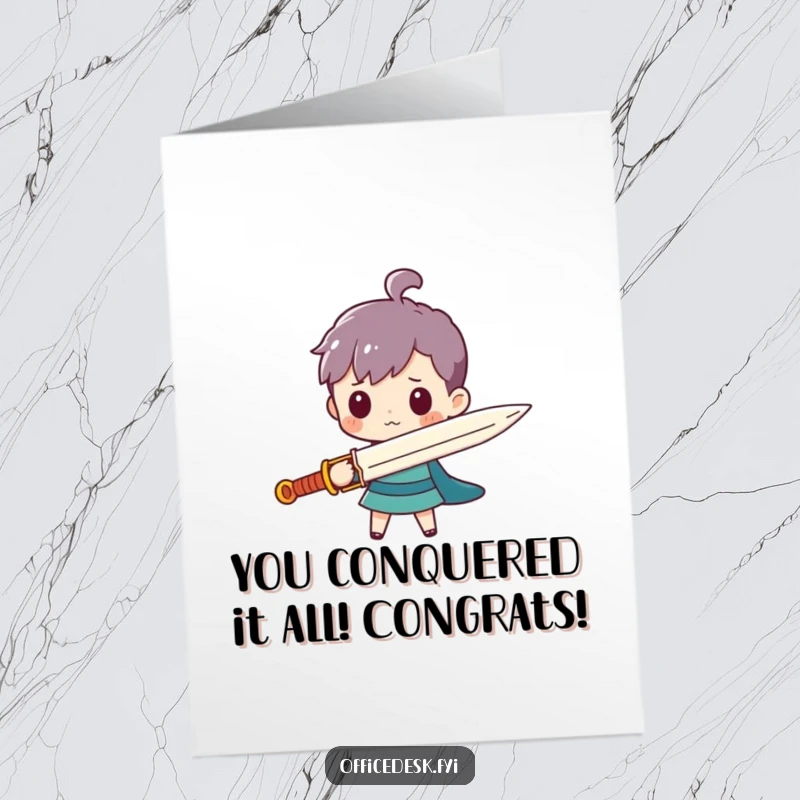 Funny Free Printable Congrats Card: Small character bravely holding a large paperclip sword, a symbol of achievement, a humorous downloadable card.