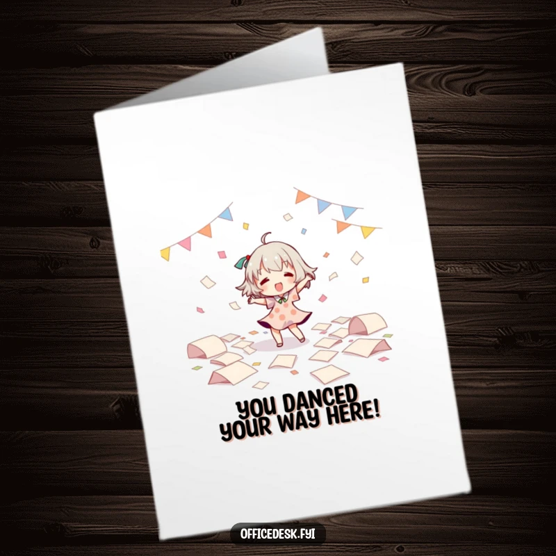 Funny free printable congratulations card showing a character busting moves at a solo dance party surrounded by flying papers.