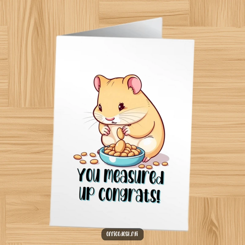Funny free printable congratulations card showing a determined hamster carefully measuring one seed on a miniature scale.