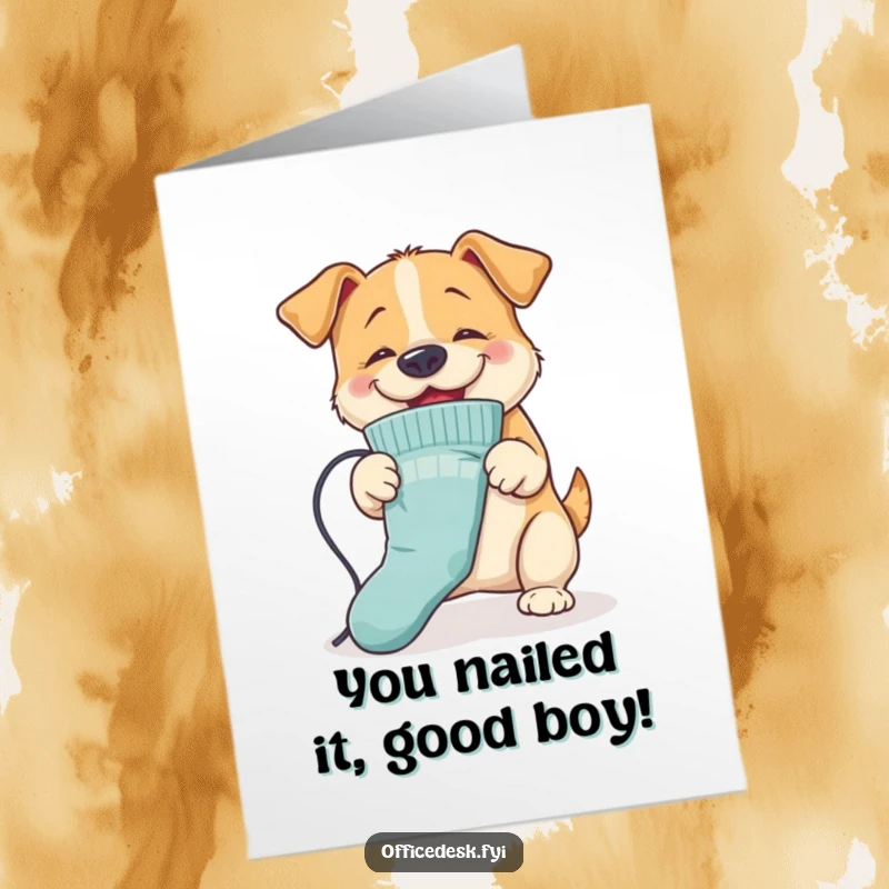 Funny Free Printable Congratulations Card: Dog ironing sock with nose, enthusiastic effort, downloadable art.