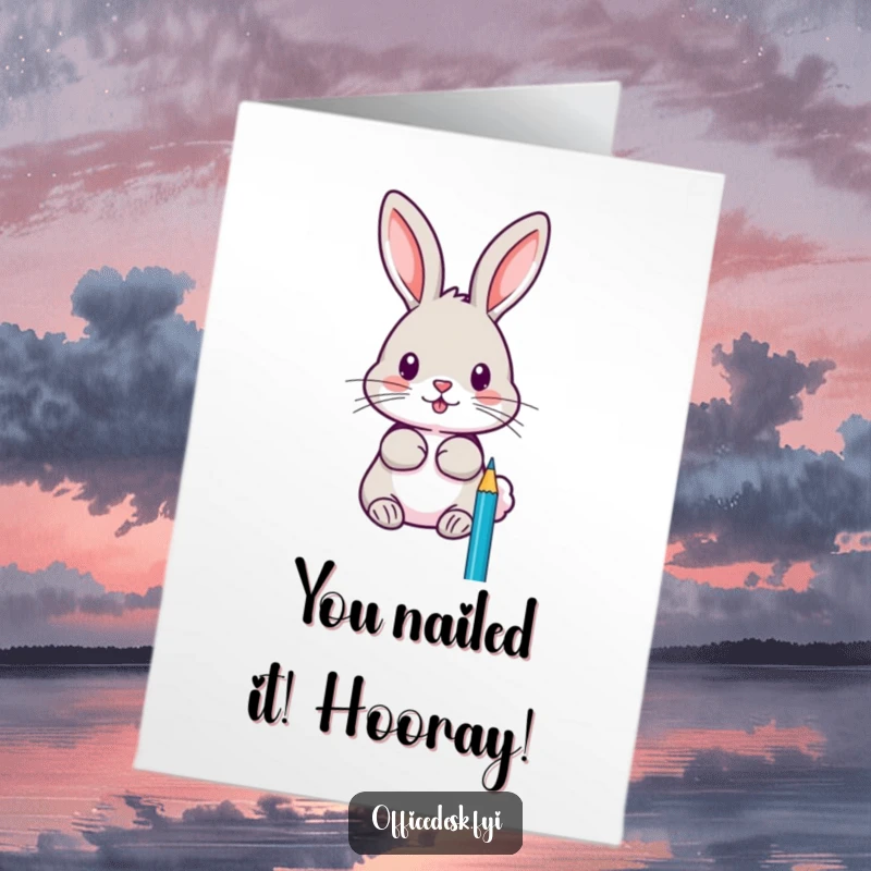 Funny free printable congratulations card showing a focused rabbit sharpening pencils with extreme precision and a determined look.