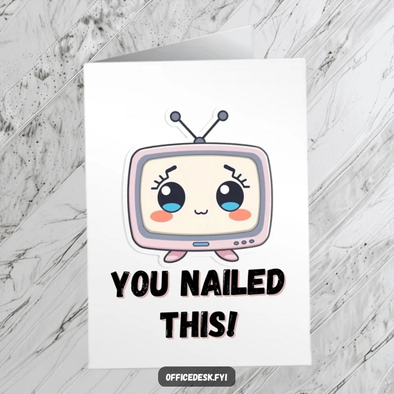 Funny Free Printable Congrats Card with a small monitor character displaying comically wide eyes, reacting to good news.
