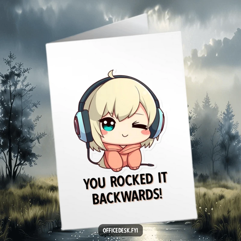 Funny Free Printable Congrats Card: Mischevious wink and backward headphones on a character, celebrating with humor.