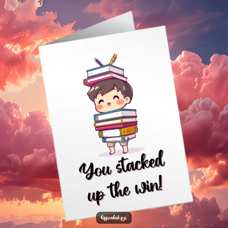 Funny Free Printable Congratulations Card, a character balances mismatched office supplies, celebrating success.