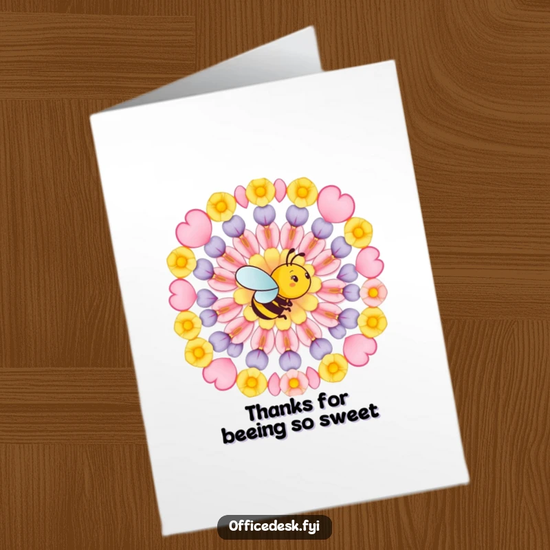 Funny free printable thank you card featuring a busy bee meticulously arranging flower petals into a perfect geometric pattern.