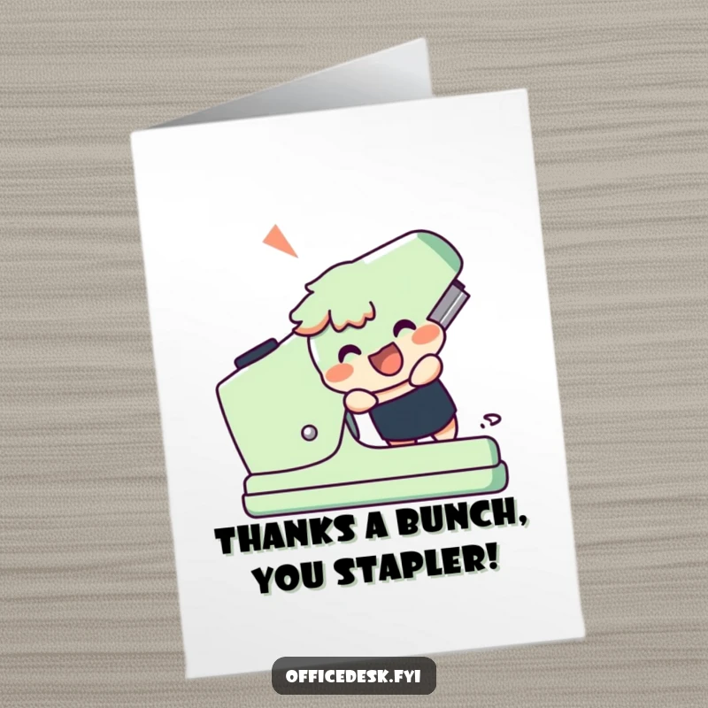 Funny Free Printable Thank You Card, a character tackles a giant stapler with excitement, expressing thanks.