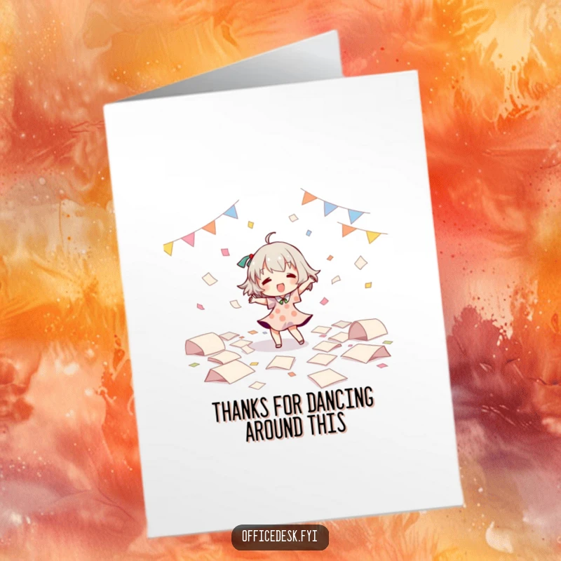 Funny free printable thank you card of a character having a joyful dance party amidst a flurry of papers, expressing thanks.