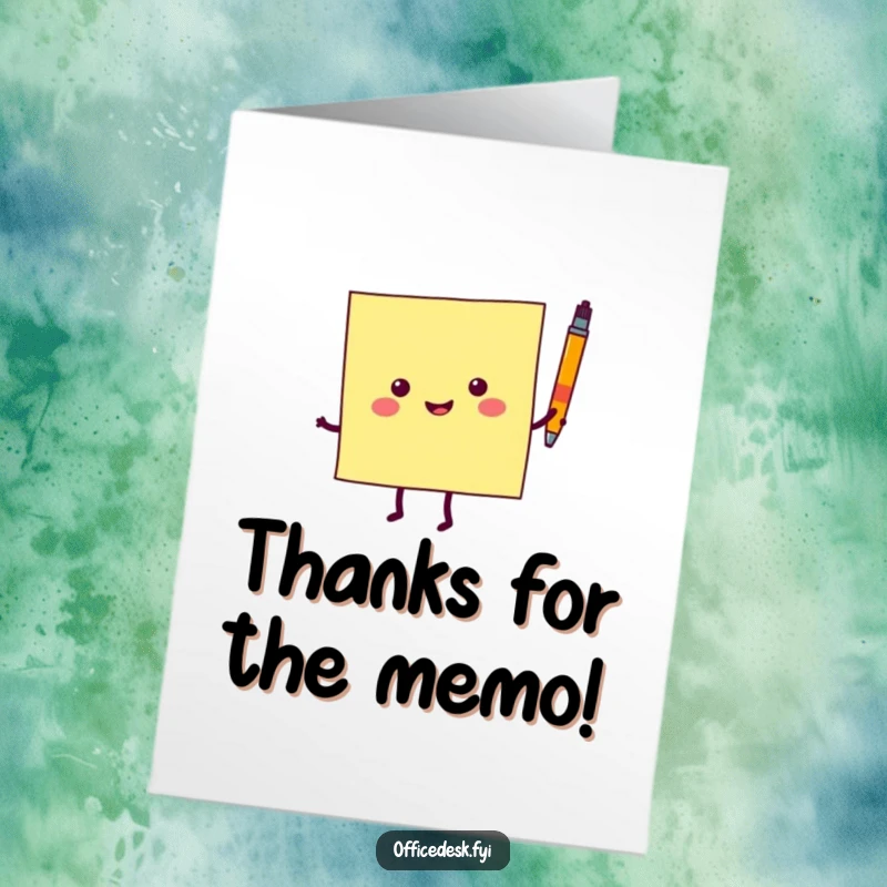 Funny Free Printable Thank You Card with a dancing sticky note character holding a pen, conveying sincere appreciation humorously.