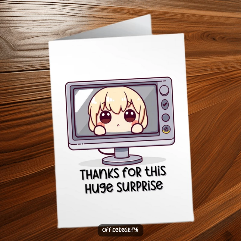 Funny Free Printable Thank You Card with a character peeking out from behind an enormous monitor, eyes wide with thanks.