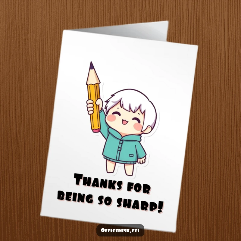 Funny free printable thank you card with a small character holding a perfectly sharpened pencil, symbolizing appreciation.