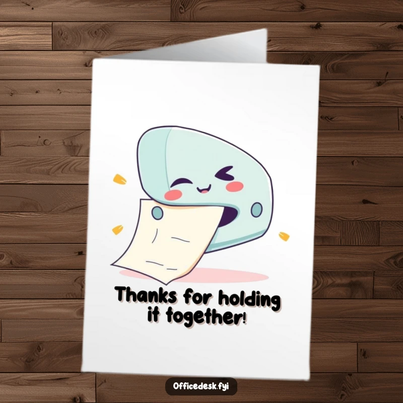 Funny free printable thank you card: a cute stapler character with a wink jams a giant paper, thanking you.