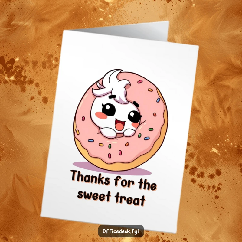 Funny Free Printable thank you card: a character with a happy, goofy expression about to take a bite out of a giant, colorful donut.