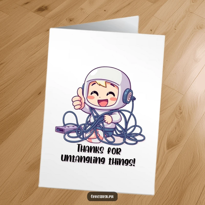 Funny free printable thank you card: Cheerful character giving a thumbs up, tangled in computer wires, expressing gratitude.