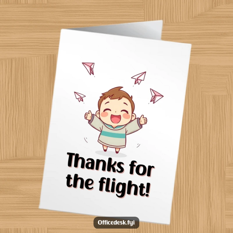 Funny Free Printable Thank You Card depicting a happy kawaii character enthusiastically launching paper airplanes on chaotic, unexpected flight paths.