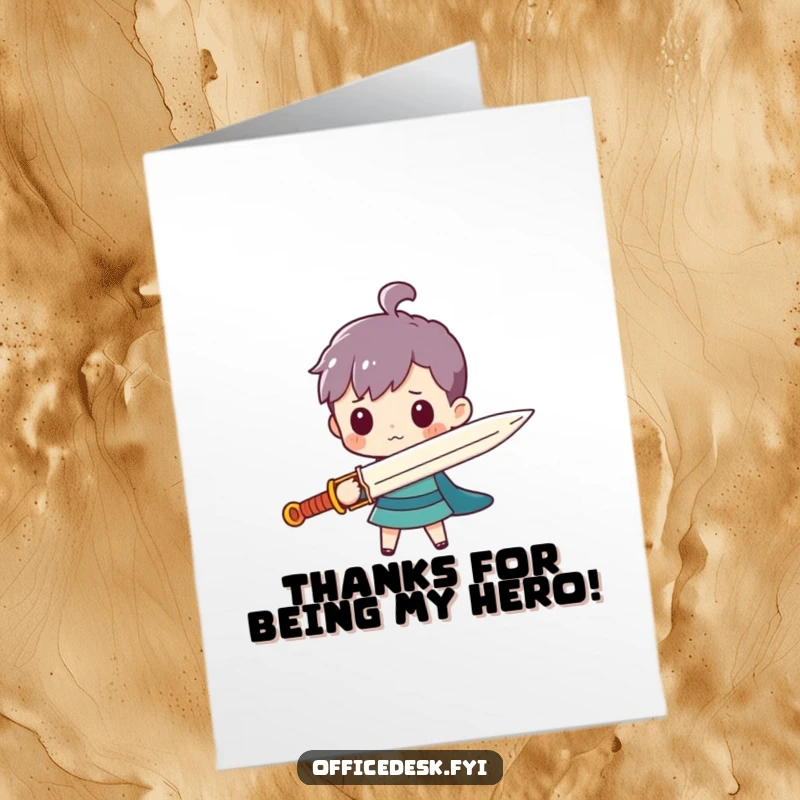 Funny Free Printable Thank You Card: Mini character wielding an oversized paperclip like a sword, expressing gratitude with a funny twist, print at home.