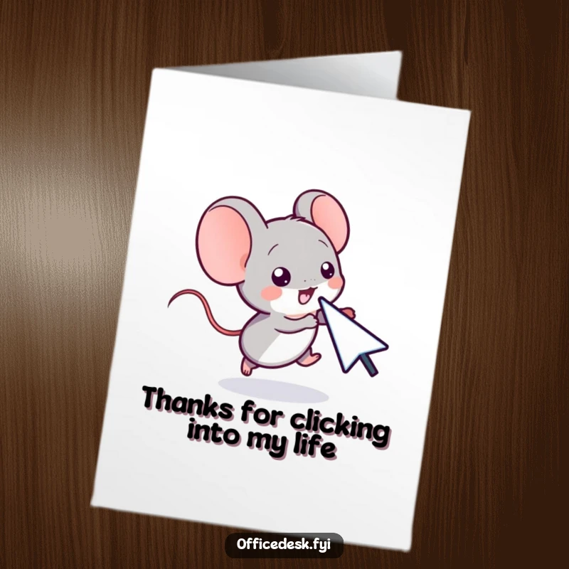 Funny free printable thank you card: a small computer mouse character chasing a cursor, expressing thanks.