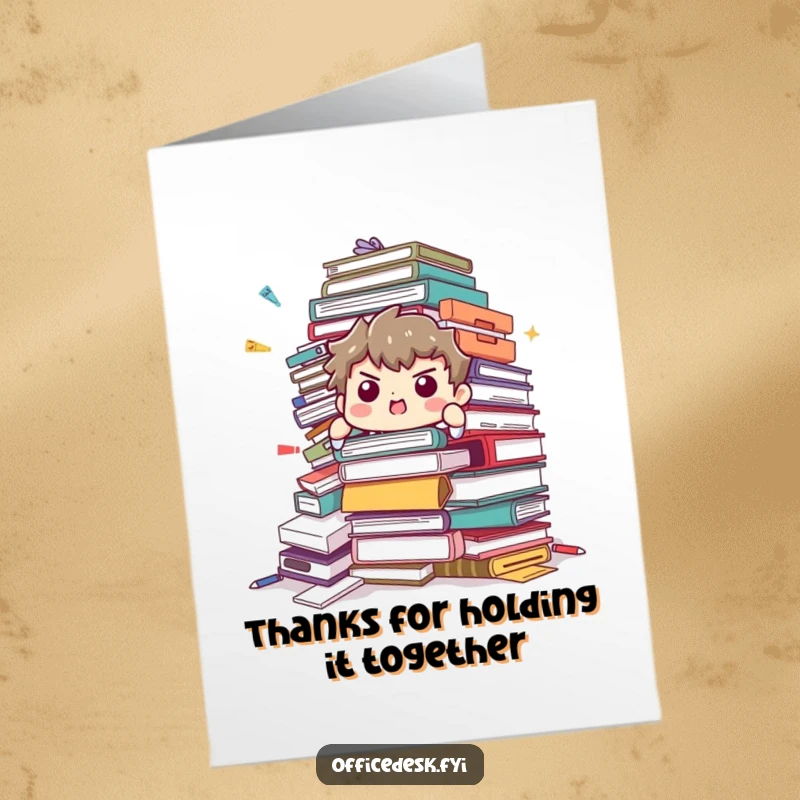 Funny Free Printable Thank You Card: A character bravely supports a precarious avalanche of office supplies.