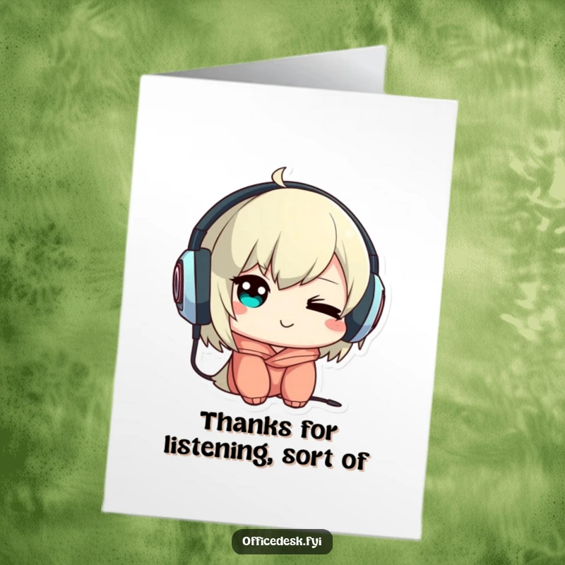 Funny Free Printable Thank You Card: Character winks while wearing headphones backward, a comical thank you.
