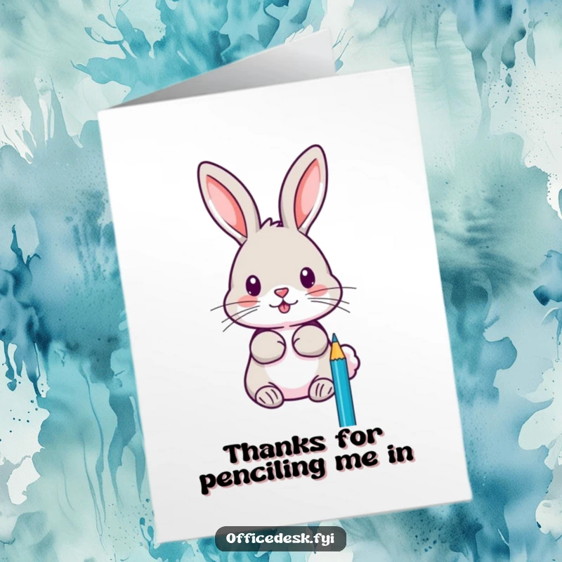 Funny free printable thank you card featuring a focused rabbit sharpening pencils with extreme precision and a clever expression.
