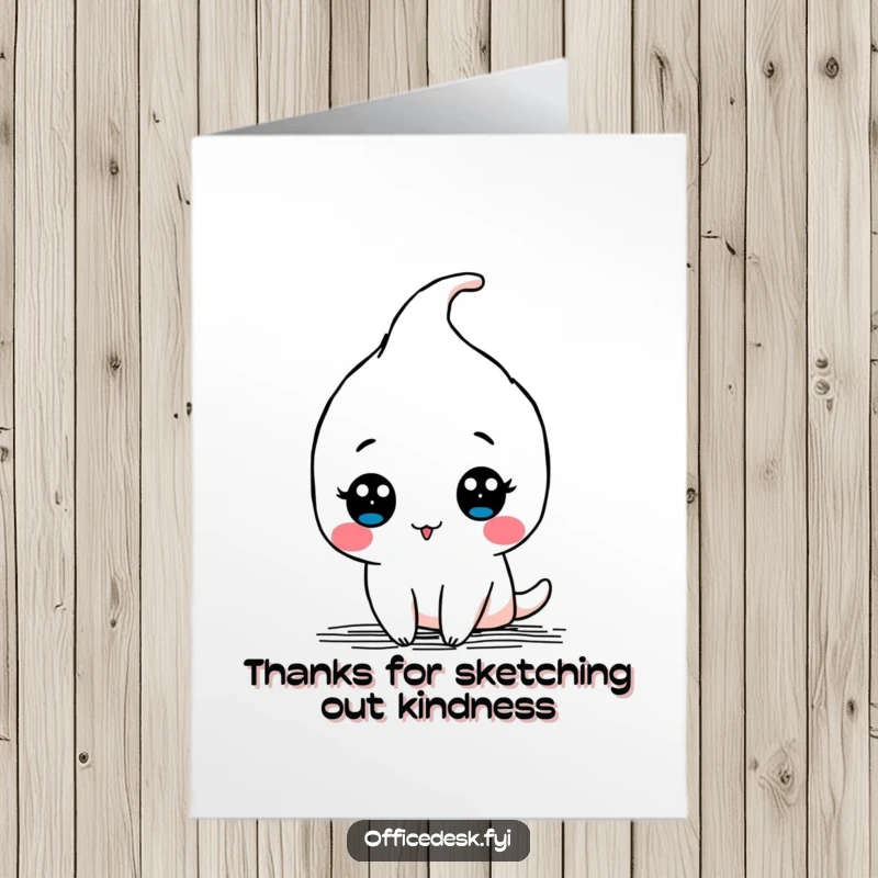 Funny free printable thank you card featuring a kawaii pen character drawing a funny doodle with flourish.