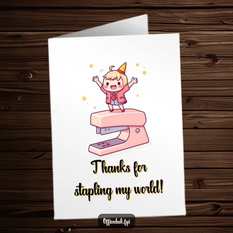 Funny Free Printable Thank You Card: Amusing character doing a happy dance on a stapler, expressing thanks humorously, a print at home gem.