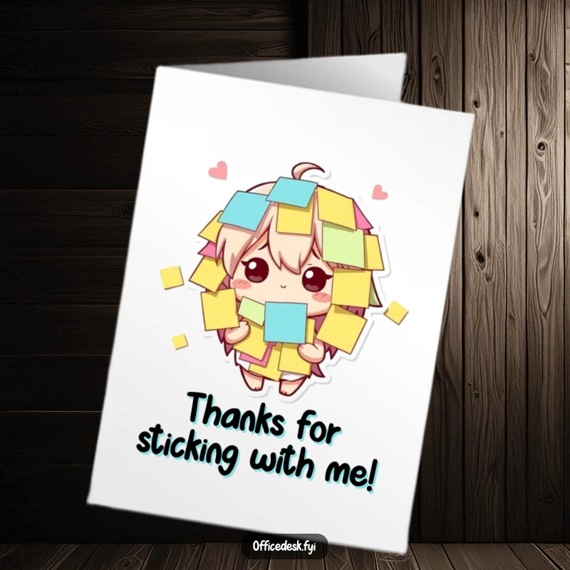 Funny free printable thank you card: Cute character adorably covered in sticky notes, expressing thanks.