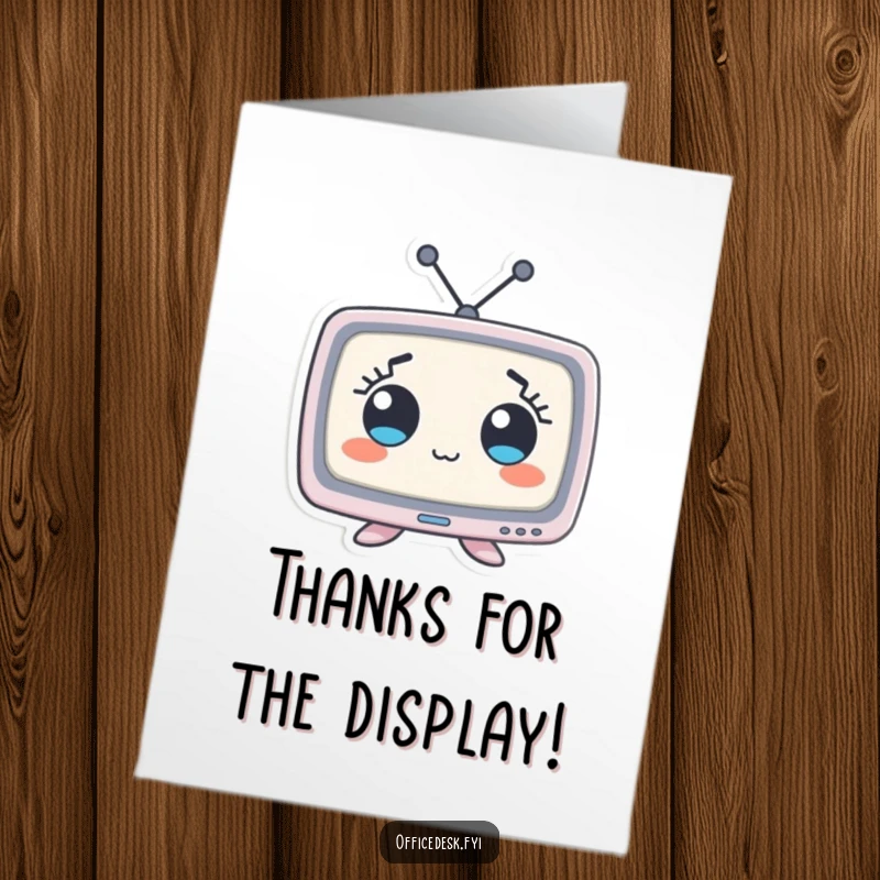 Funny Free Printable Thank You Card showing a tiny monitor character with exaggerated wide eyes, expressing thanks humorously.