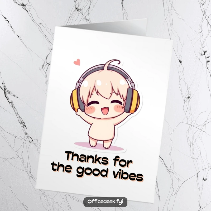 Funny Free Printable Thank You Card featuring a character with massive headphones, joyfully bobbing their head to a silent soundtrack.