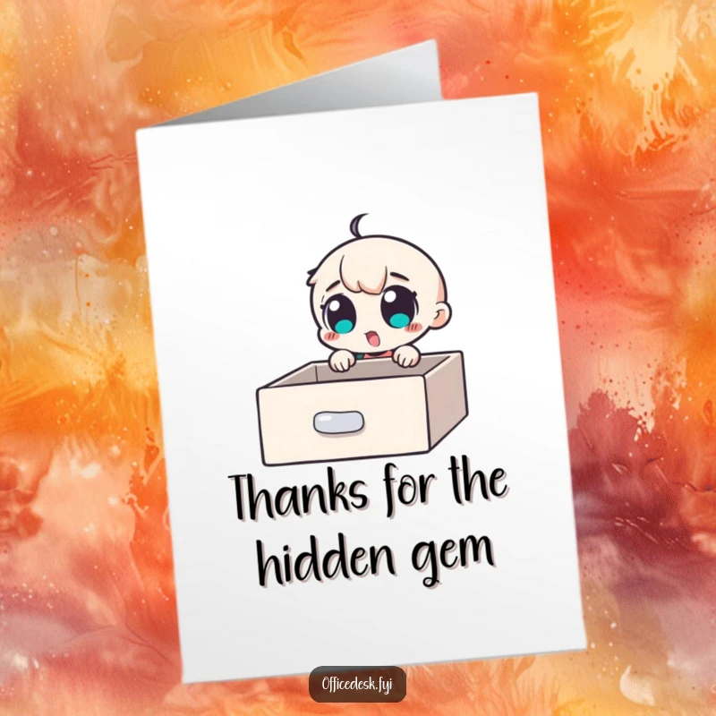 Funny Free Printable thank you card: a character excitedly discovering a secret compartment filled with goodies inside a desk drawer.