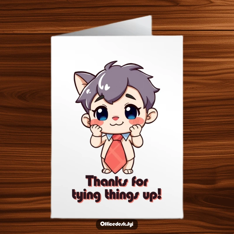 Funny free printable thank you card of a curious character adjusting a large, whimsical tie with a big grin.