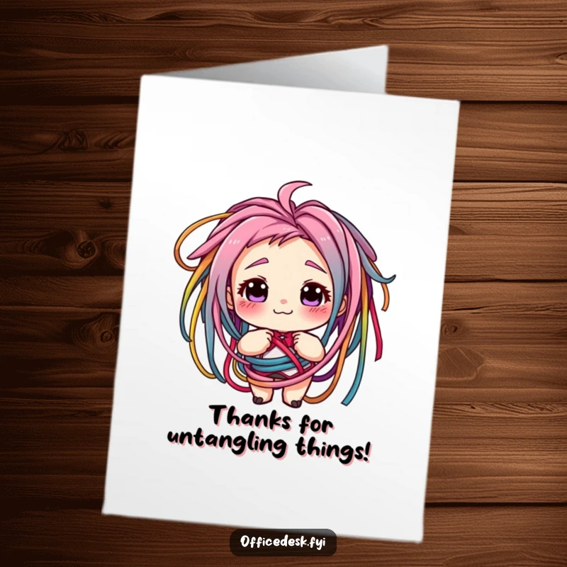 Funny free printable thank you card with a small character looking mischievous, tangled in colorful cords, expressing gratitude.