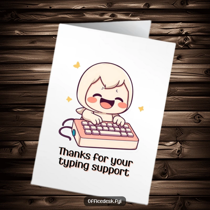 Funny Free Printable Thank You Card: A gleeful character's fingers fly across a miniature keyboard in a blur of typing.