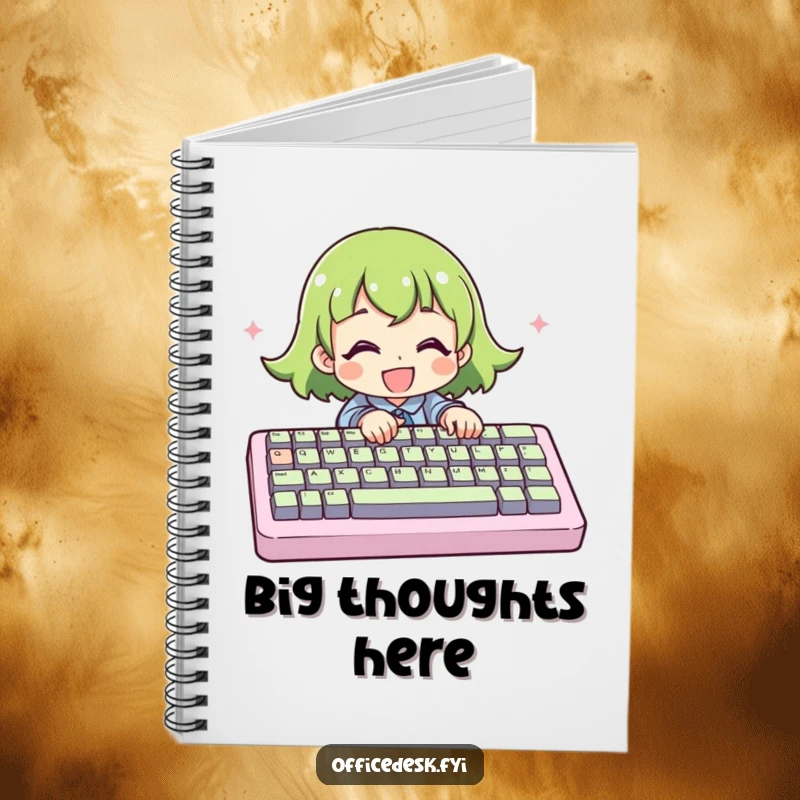 Funny Notebook: A character enthusiastically typing on an unusually large keyboard, a humorous stationery item for tech lovers.