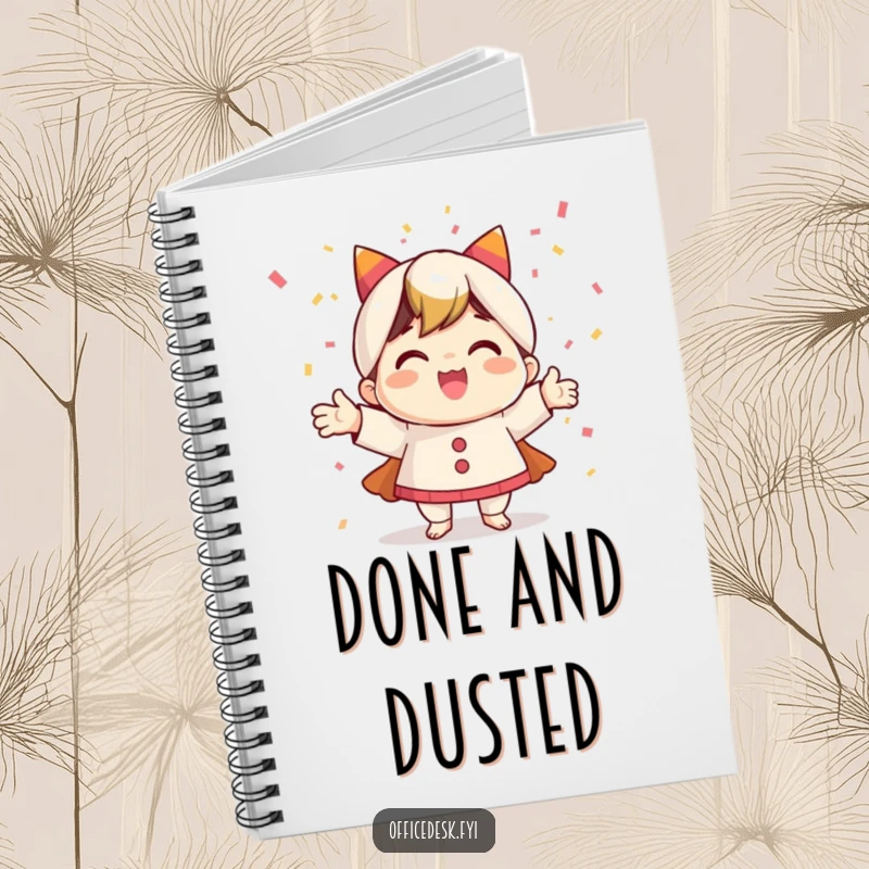 Funny notebook with a happy character celebrating amidst a vibrant confetti explosion, designed for jotting down achievements and ideas.