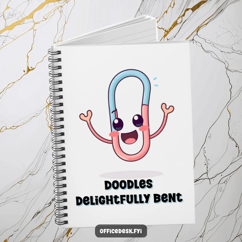 Funny notebook with a cute paperclip character joyfully twisting into a funny, amusing shape.