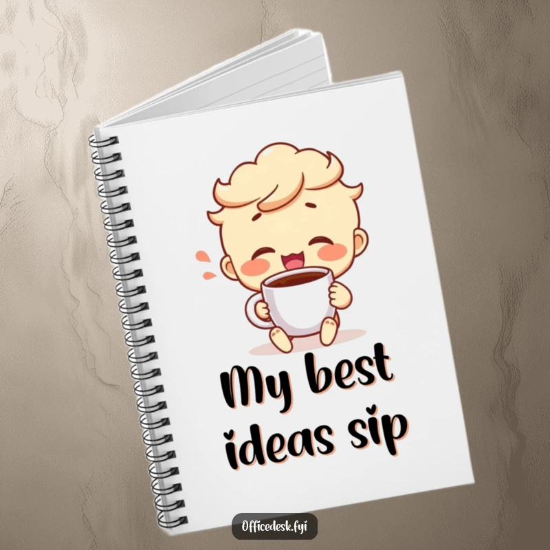 Funny notebook with a cheerful character taking a satisfied sip from a coffee mug, designed for jotting down happy ideas.