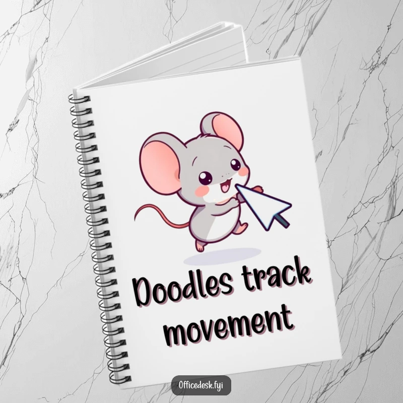 Funny notebook cover with a small computer mouse character playfully chasing a cursor, ideal for jotting down tech thoughts.
