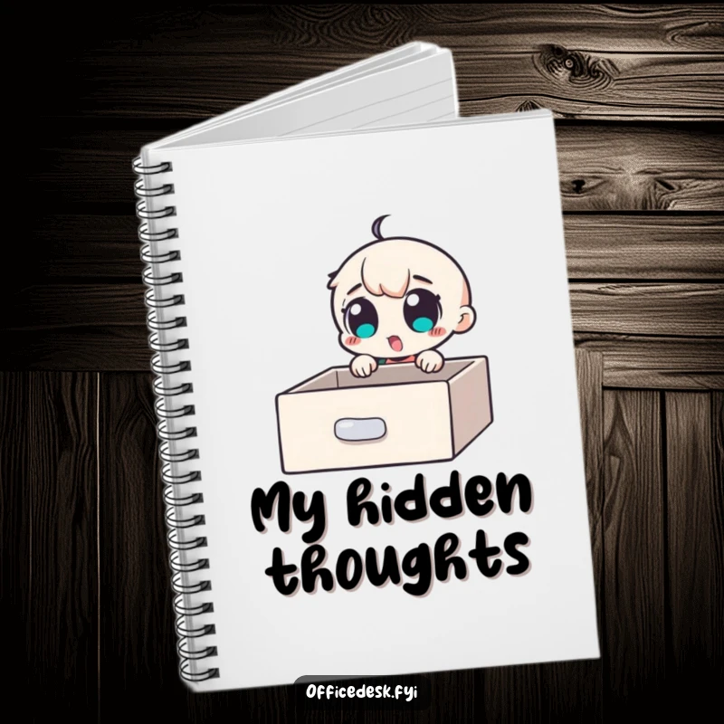 Funny Notebook: A small character with wide, excited eyes discovering a secret compartment in a desk drawer, inspiring note-taking.