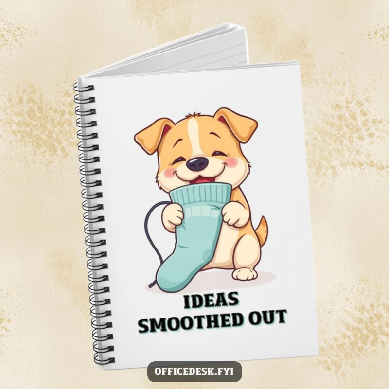 Funny Dog Ironing Notebook: A bouncy dog ironing a sock with its nose, ideal for jotting down tasks and ideas humorously.