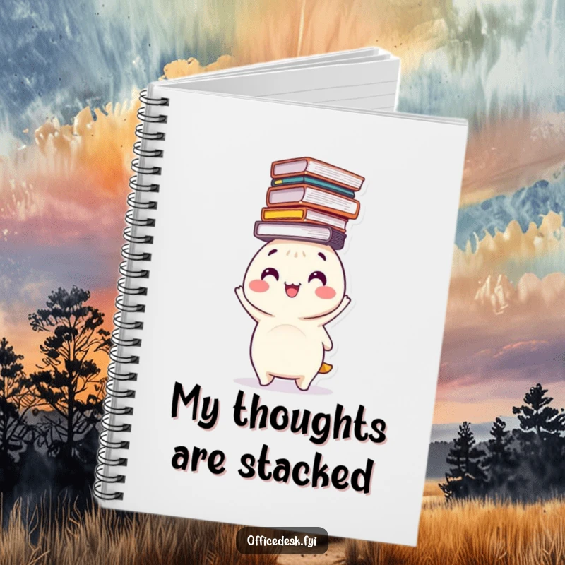 Funny notebook with a happy character balancing a precarious stack of files on its head, ideal for humorous note-taking.